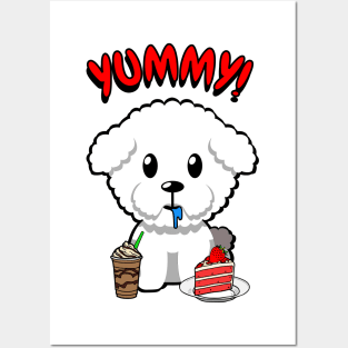 Cute furry dog is having coffee and cake Posters and Art